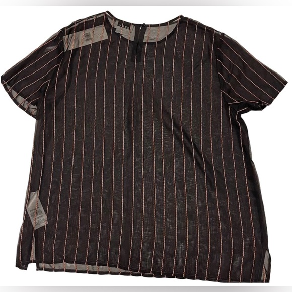 DKNY CHIFFON STRIPED BLOUSE WOMENS SHORT SLEVEE BLACK/ORANGE ROUND NECK SZ LARGE - Picture 2 of 14